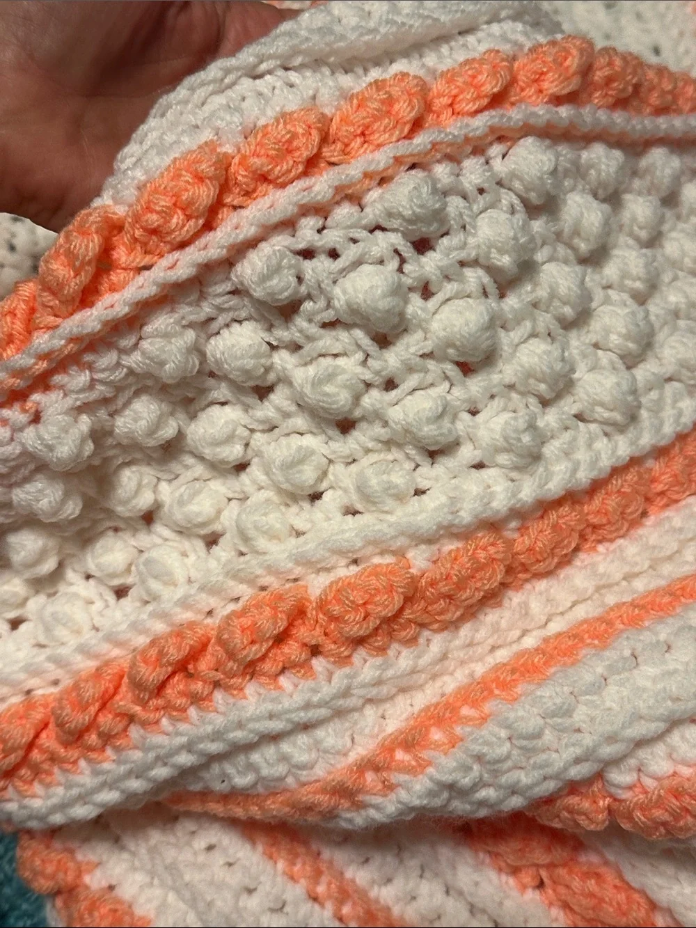 Cream and Peach Striped Crochet Throw Blanket - Handmade Comfort